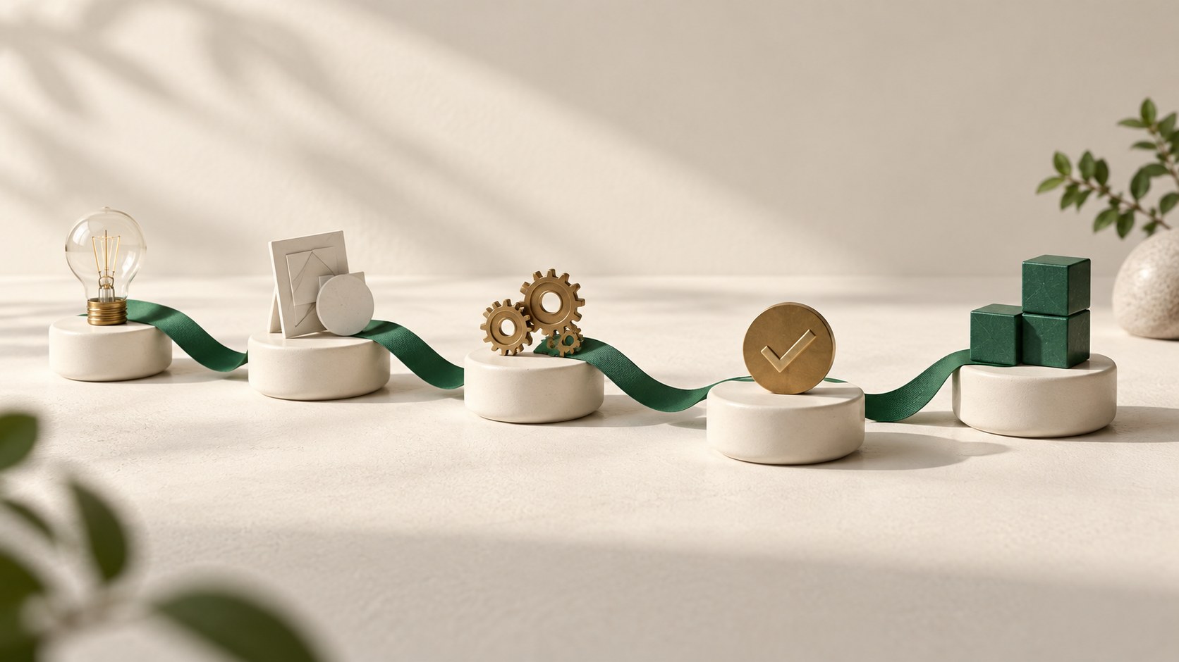 Cream platforms connected by a green path with a brass checkpoint, representing tested progress from goal to result.