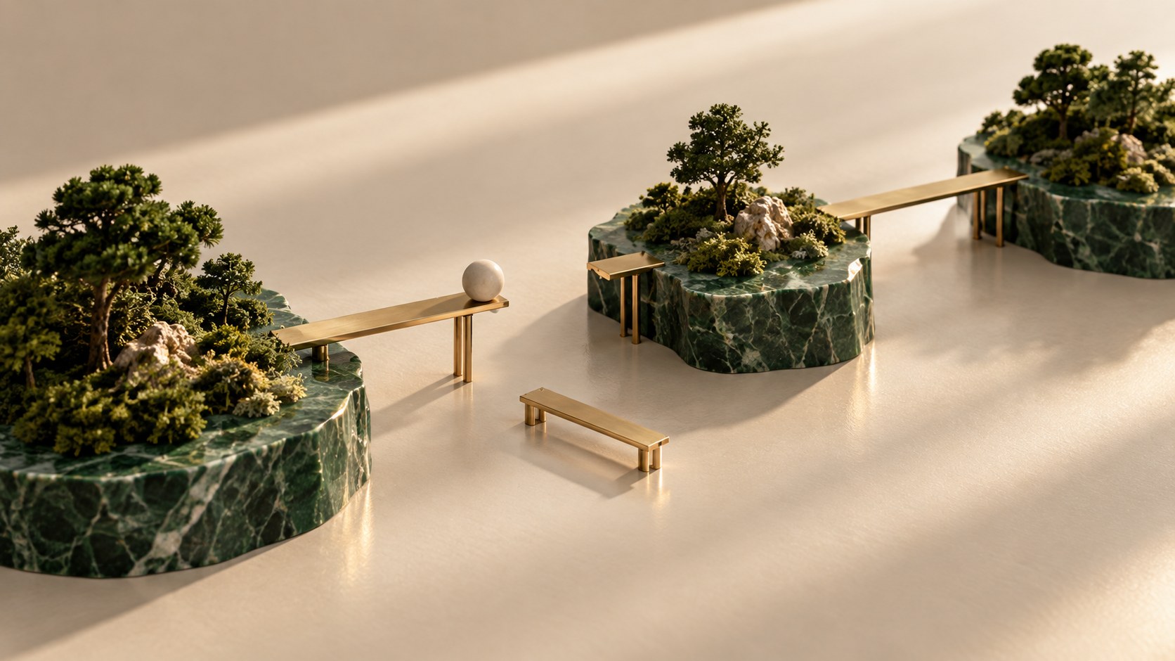 Three green islands joined by brass bridges, with one missing segment in an existing path, representing an unresolved account issue.