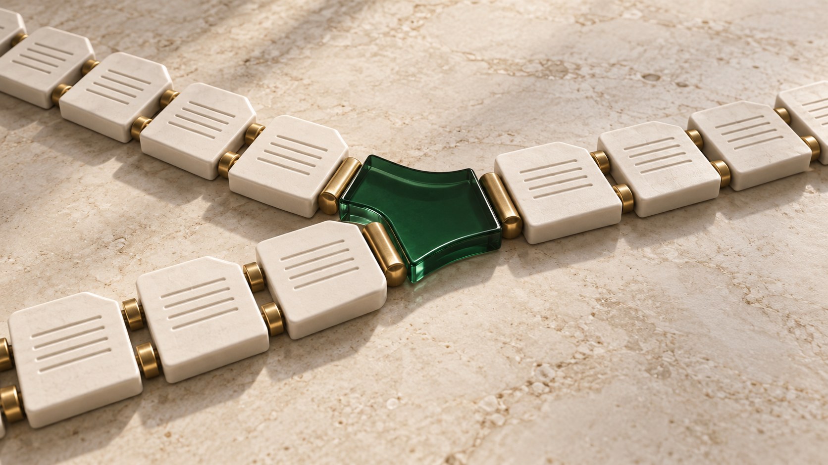 Two tracks of cream document tiles meet at a green bridge, representing a resolved onboarding handoff.