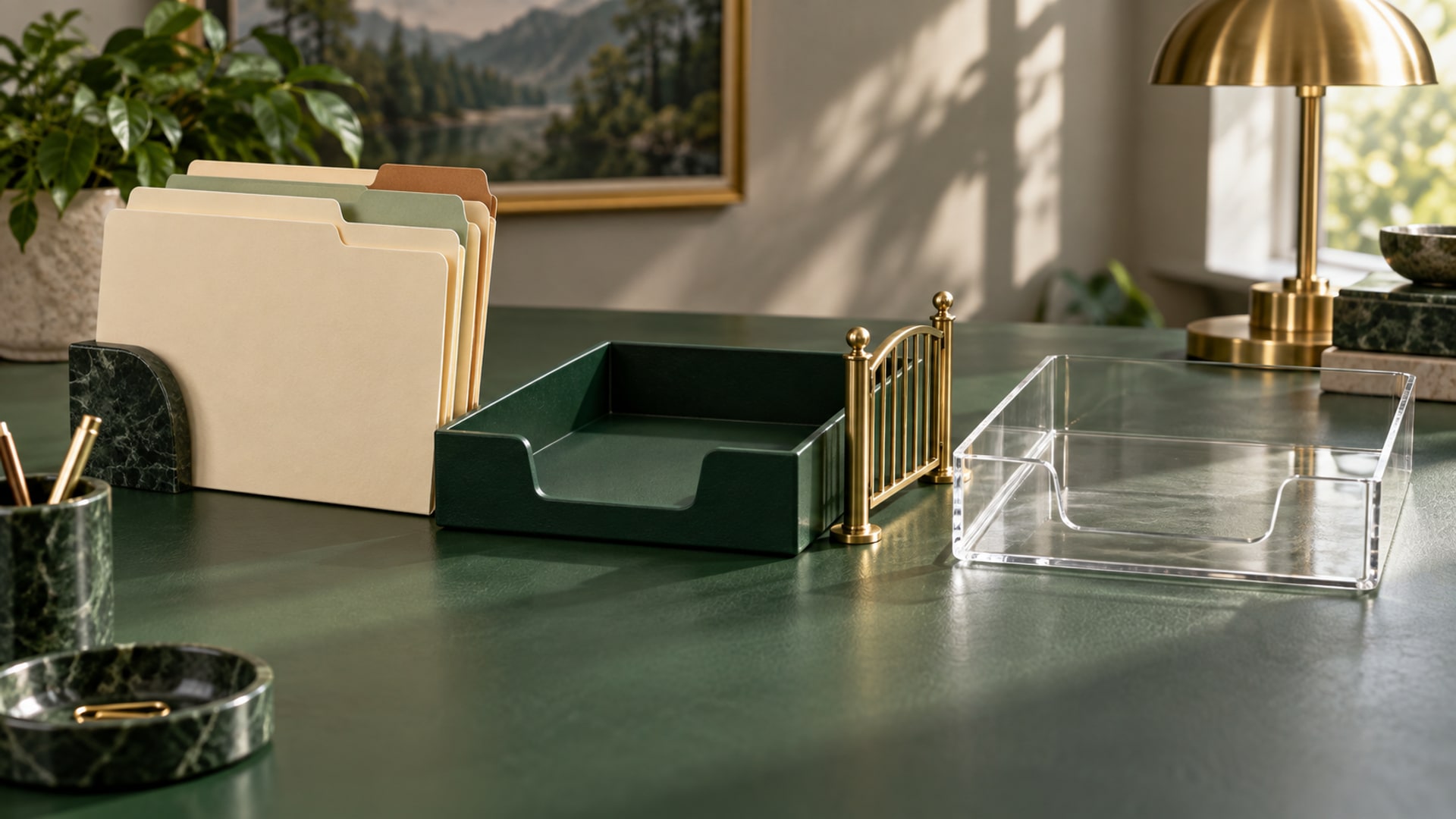 Unmarked insurance office folders pass through a routing tray and a small approval gate.