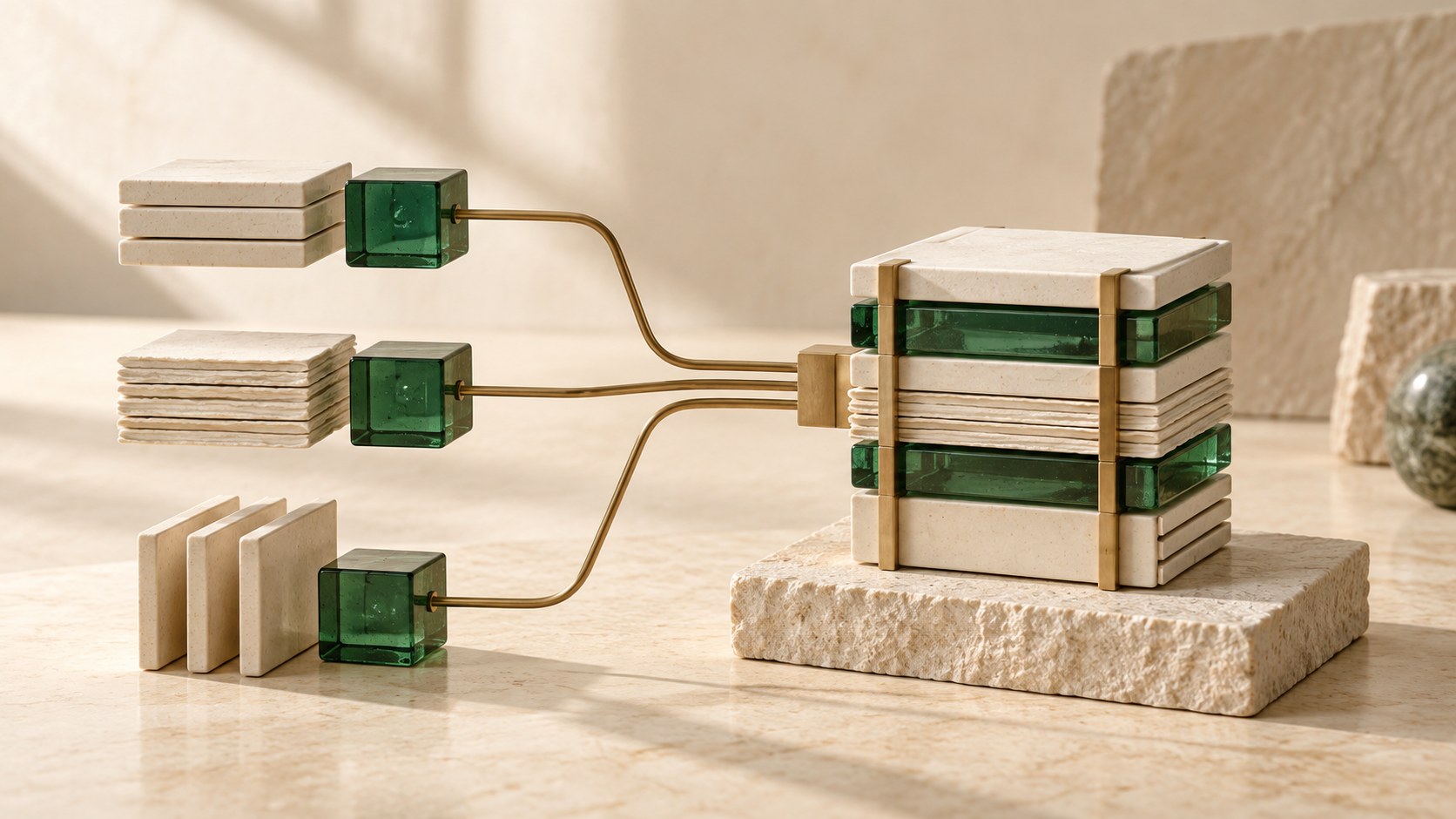 Cream and green blocks connected by brass lines on a warm surface, representing a shared company record.