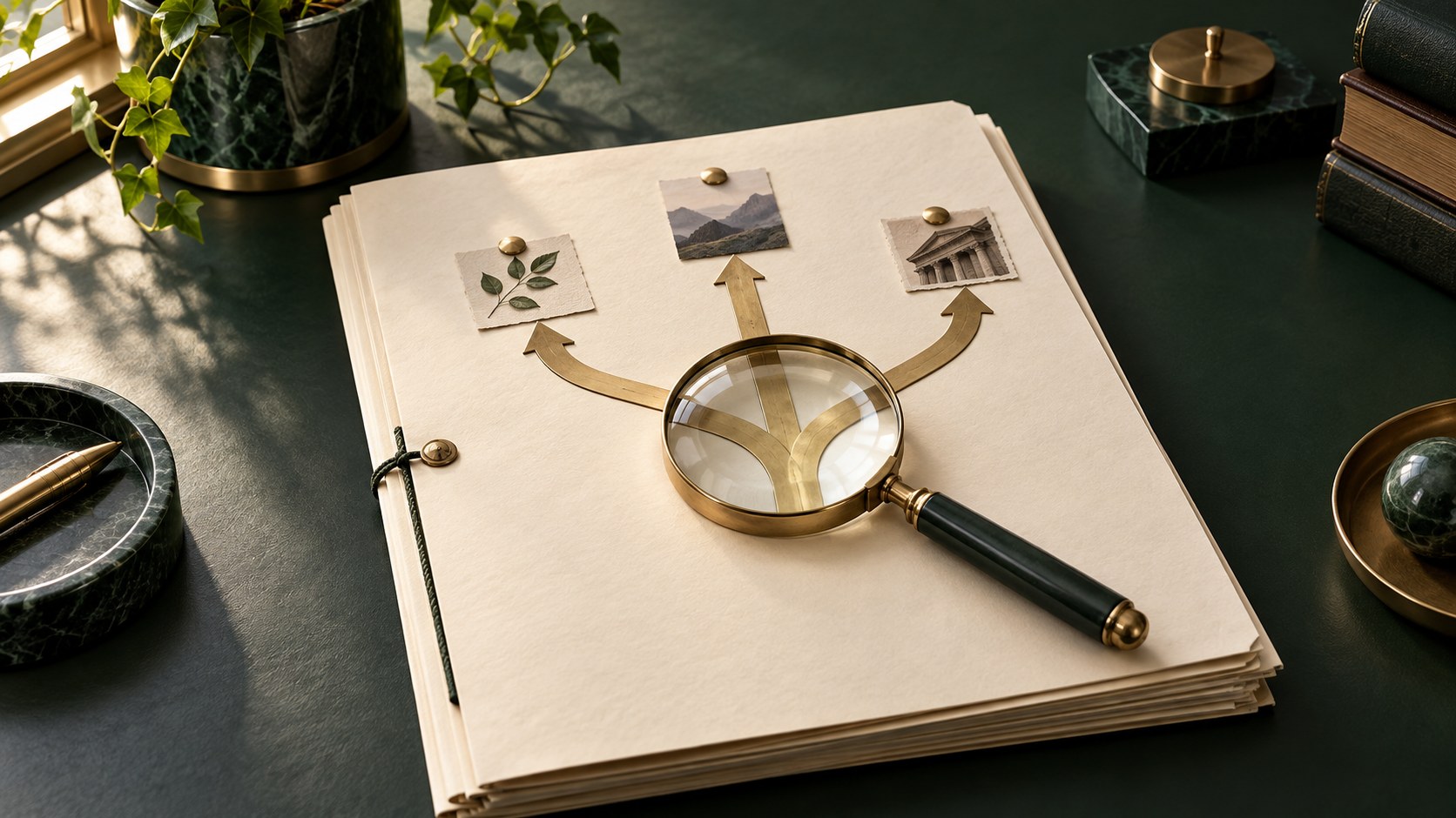 A cream dossier with several brass paths under a clear inspection lens on a green desk, representing a business choice examined with evidence.