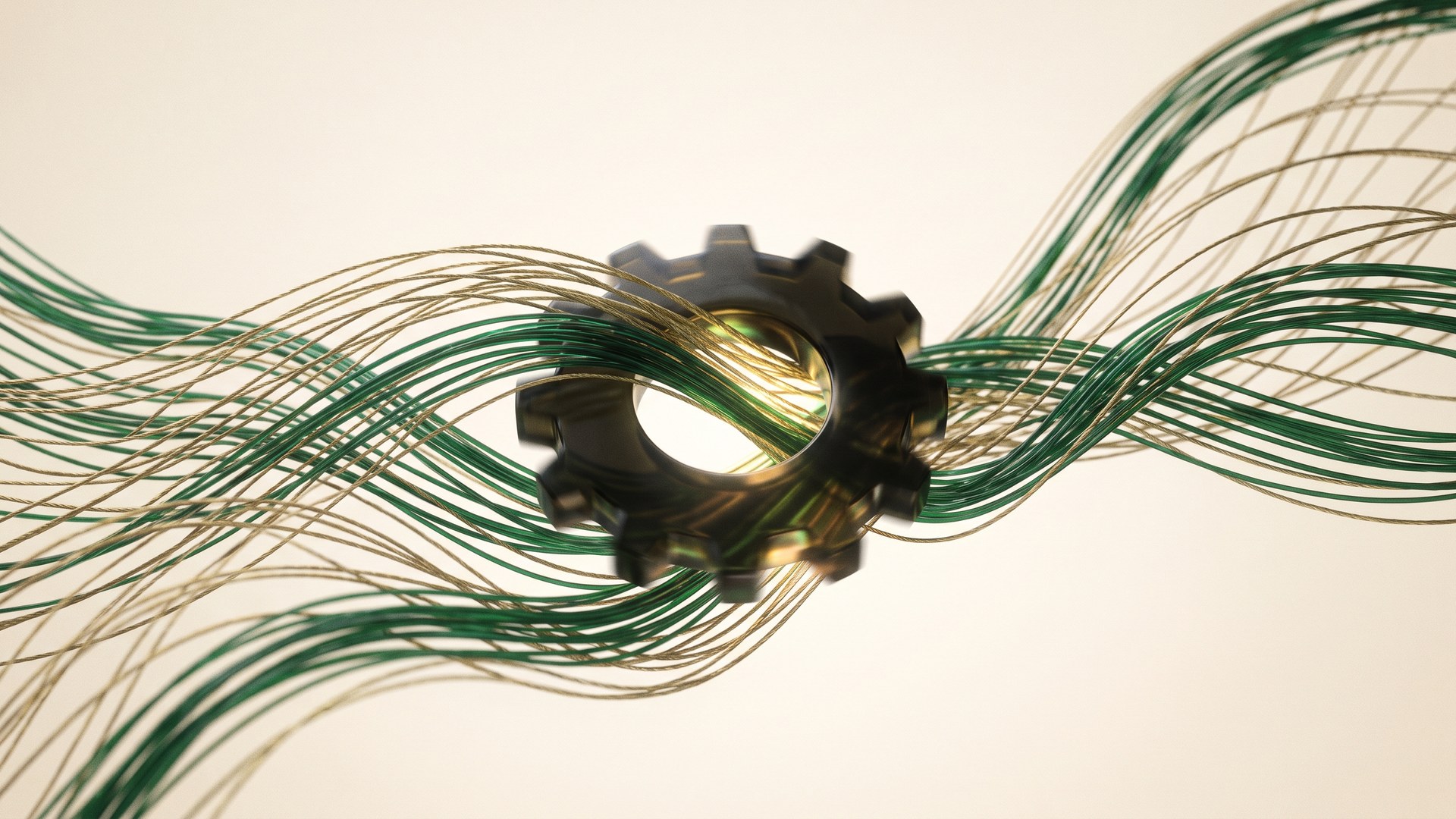 Abstract emerald artwork of a silicon die dissolving into a ledger of connected decision records