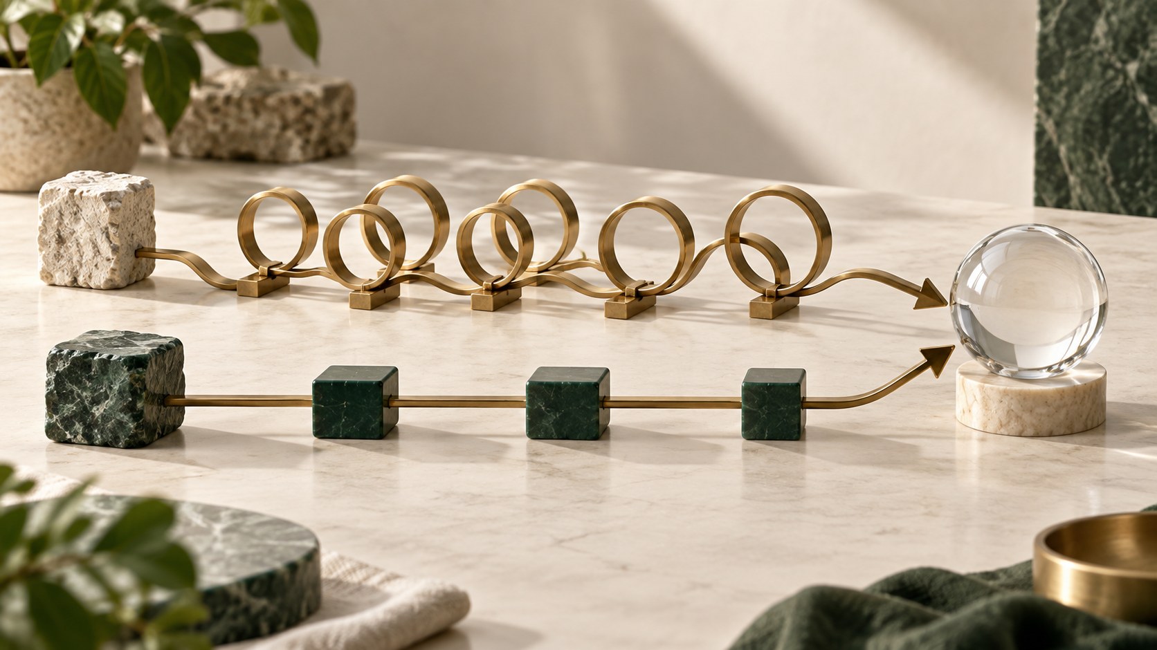 A compact green path and a more elaborate brass path reach the same unmarked glass quality gauge on an ivory workbench.