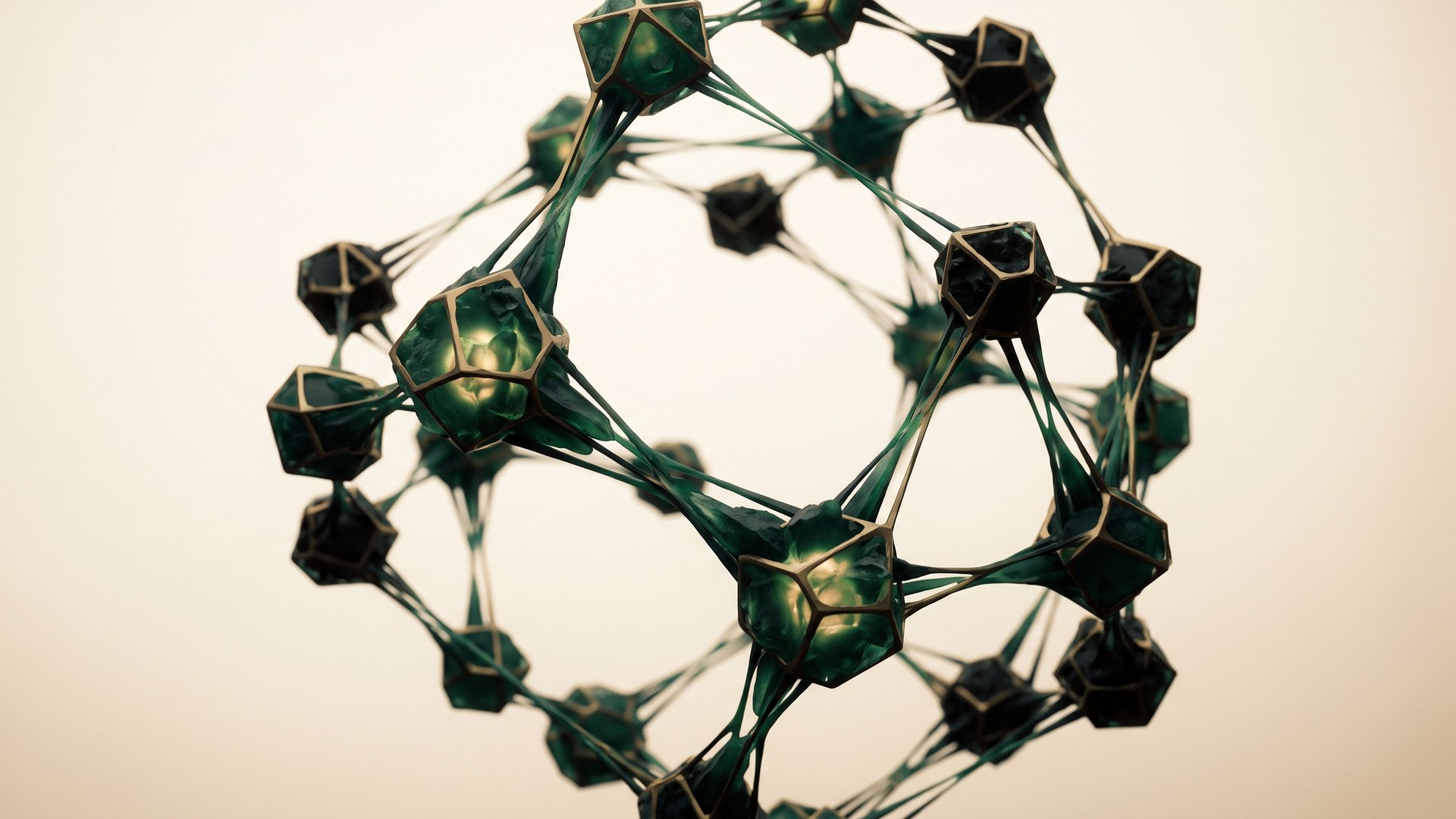 Green geometric nodes joined by brass and green links against a cream background.